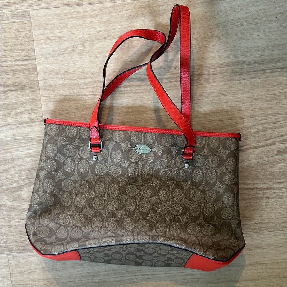 Coach Brown Signature Tote with Red Trim and Straps